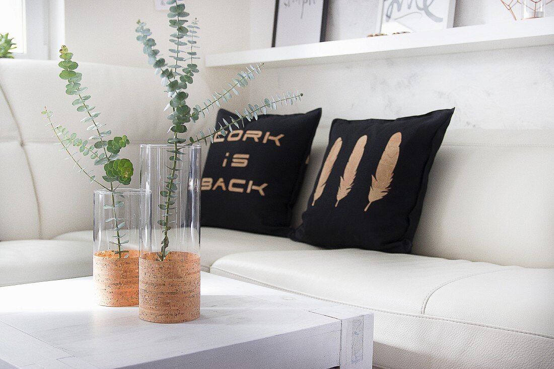 Glass vases and cushions decorated with cork sheets