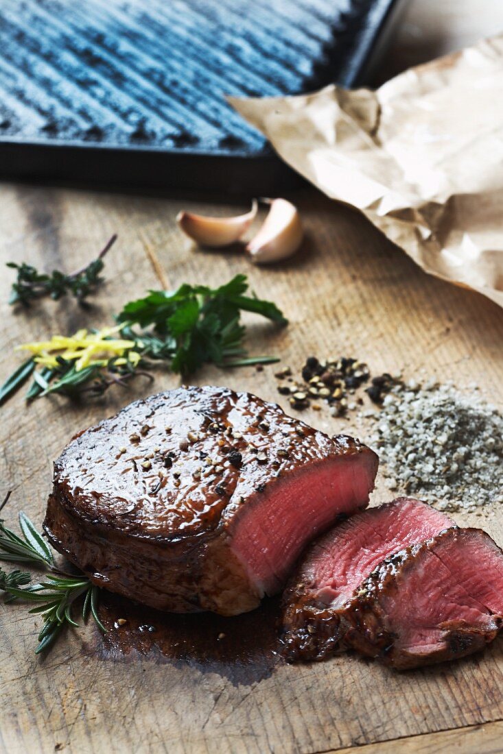 Grilled peppered steak, sliced