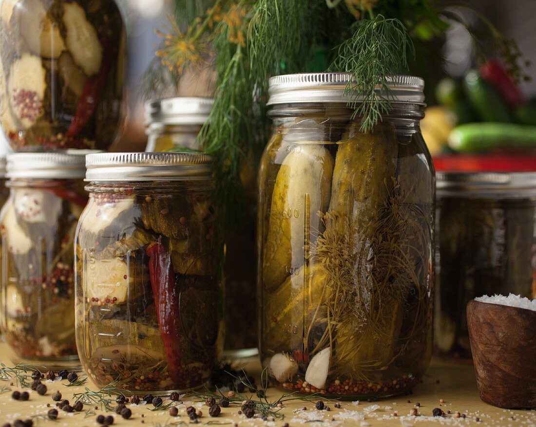 Jars of homemade gherkins with dill and garlic