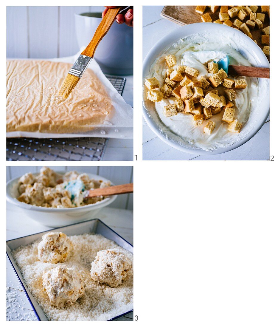 Snowballs being made from sponge cake, low fat quark and grated coconut