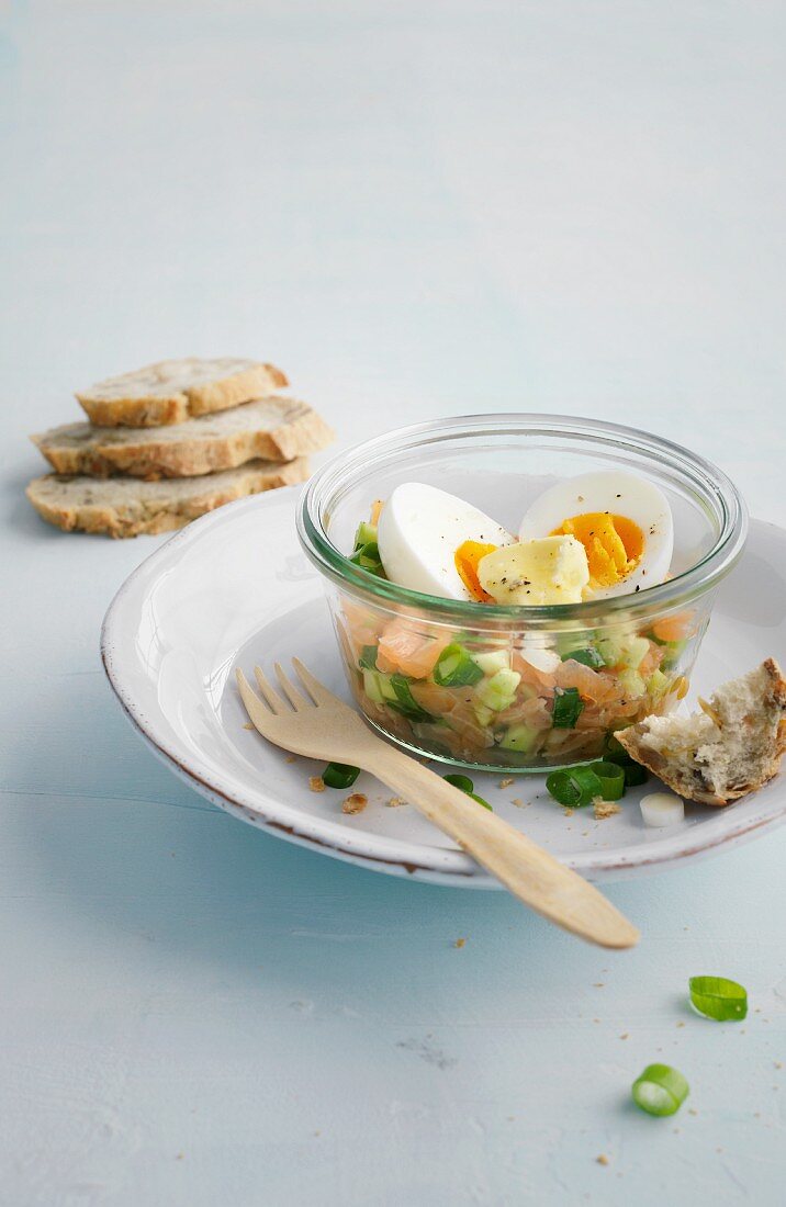Eggs and smoked salmon and cucumber tartare