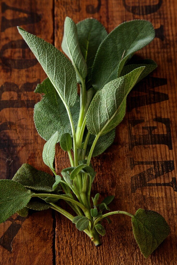Fresh, organic sage on a wooden surface