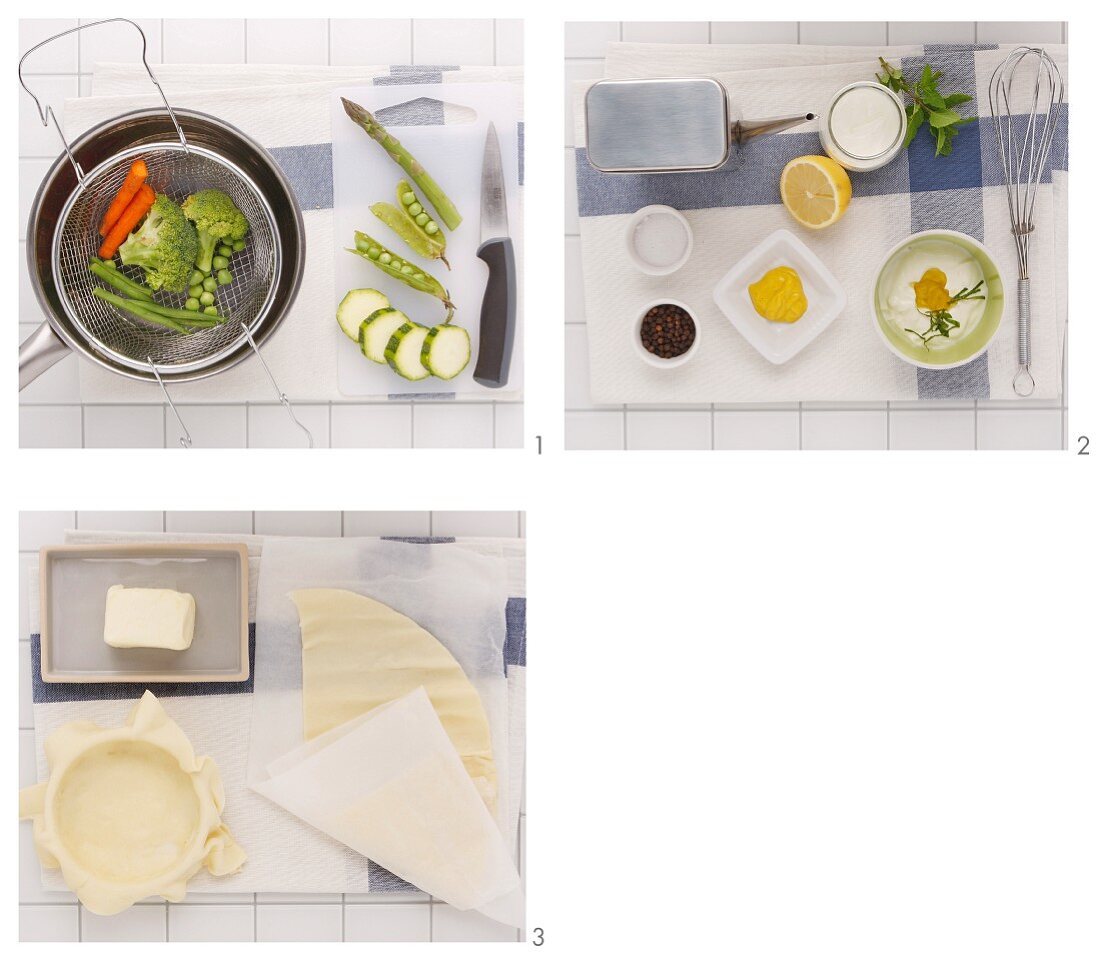 Steamed vegetables with yoghurt and mint sauce in a pastry bowl being made