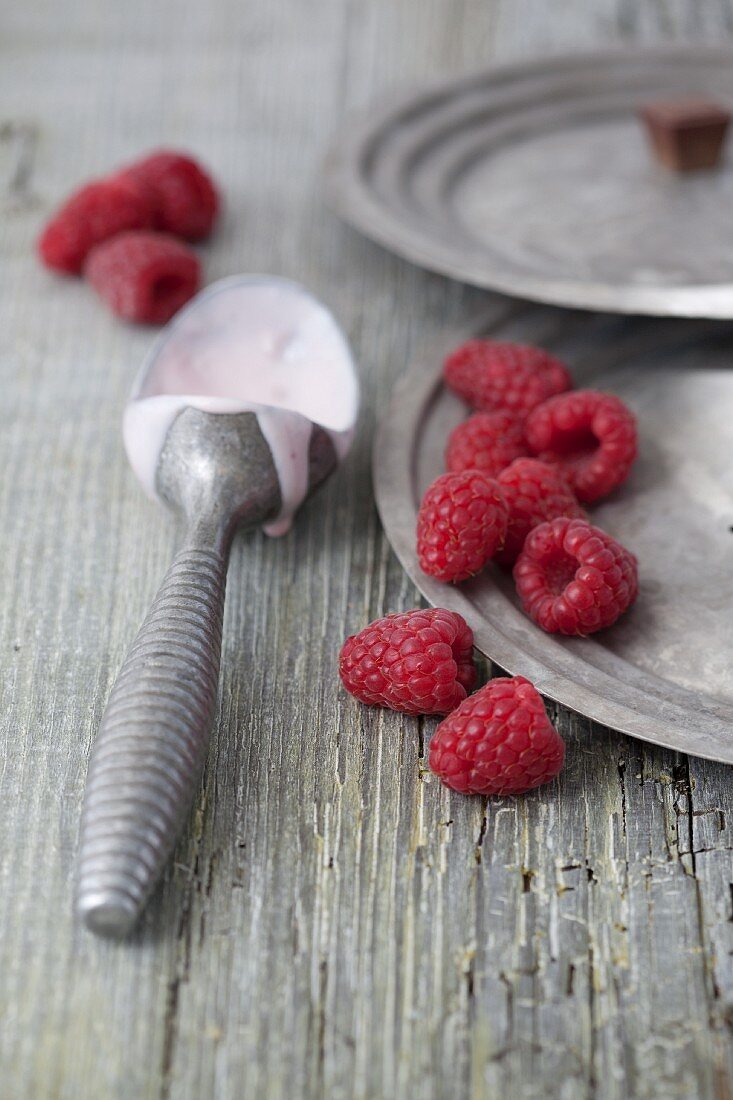 An ice cream scoop with raspberries