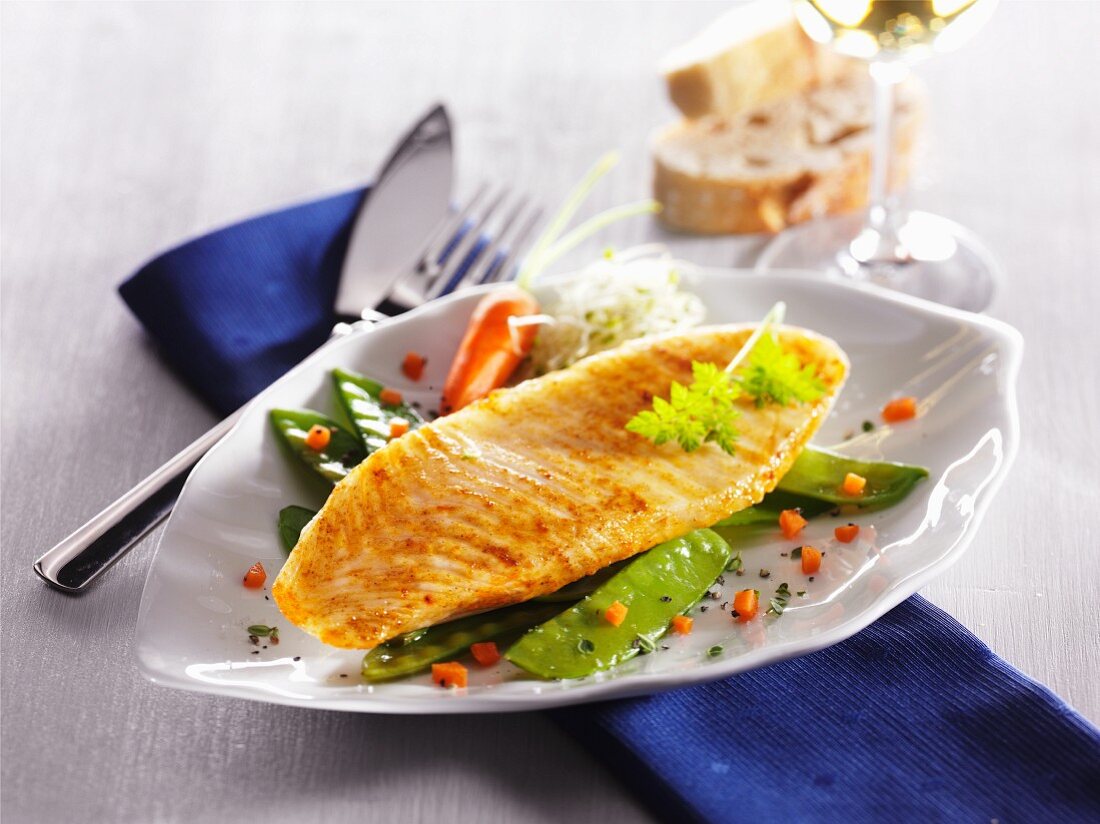 Pangasiusfilet auf Zuckerschoten mit Möhren auf Keramikteller