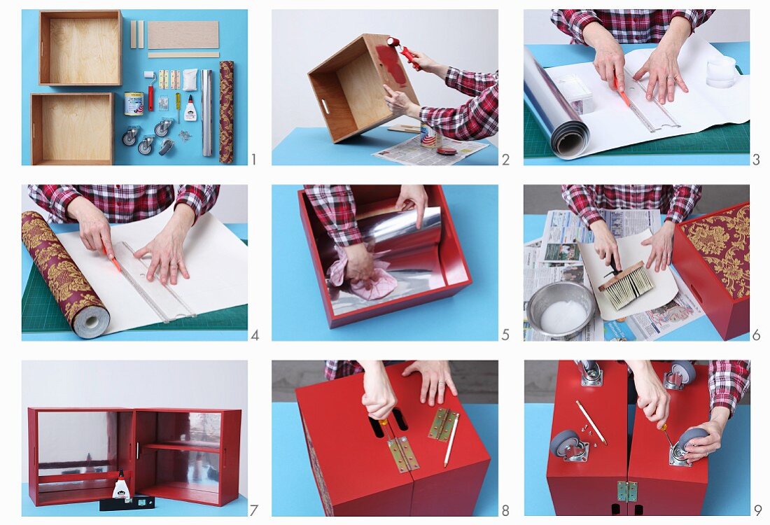 Instructions for making minibar from two wooden crates and wallpaper