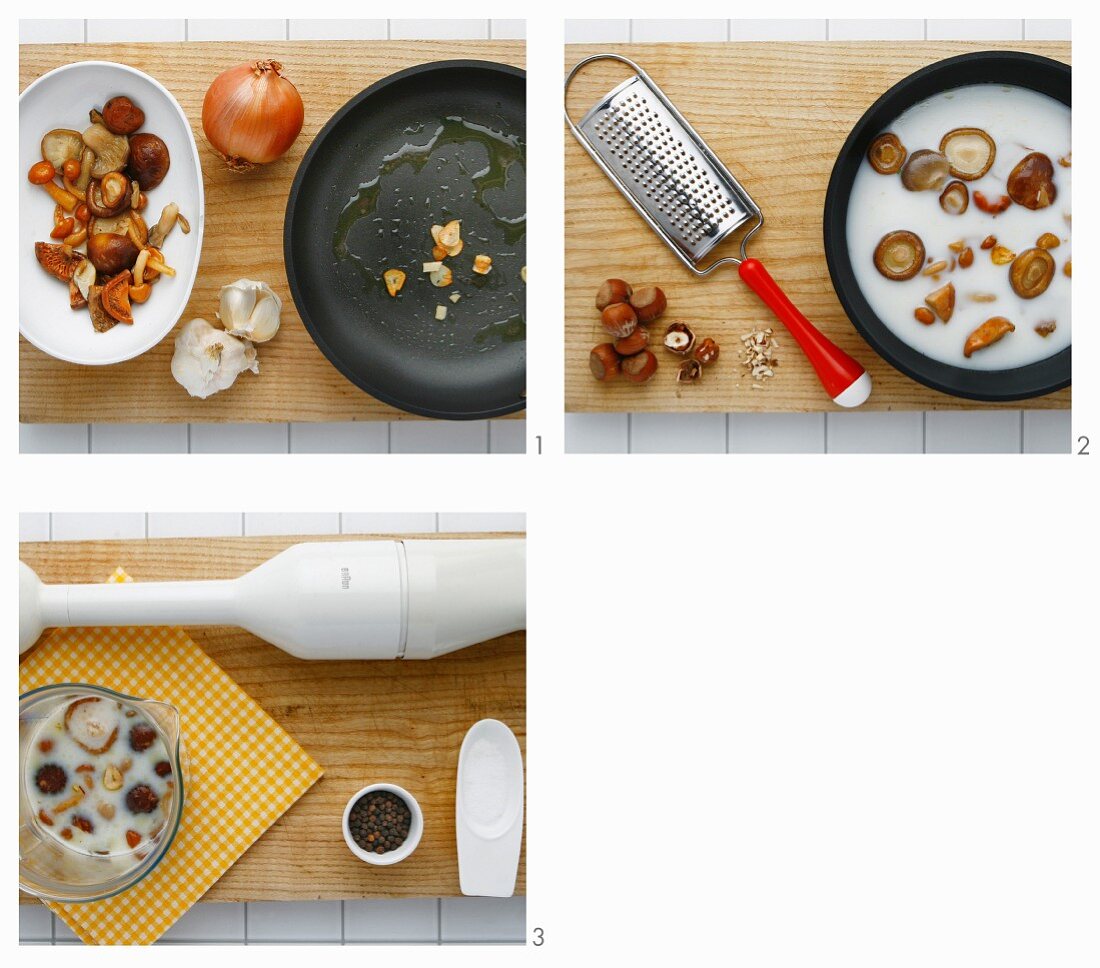 Soup with hazelnuts, mushrooms and milk being made