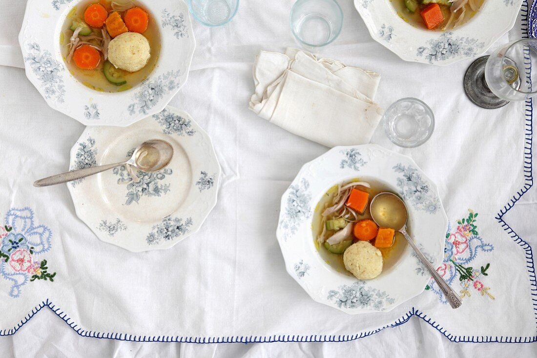 Jewish passover chicken soup with matze dumplings