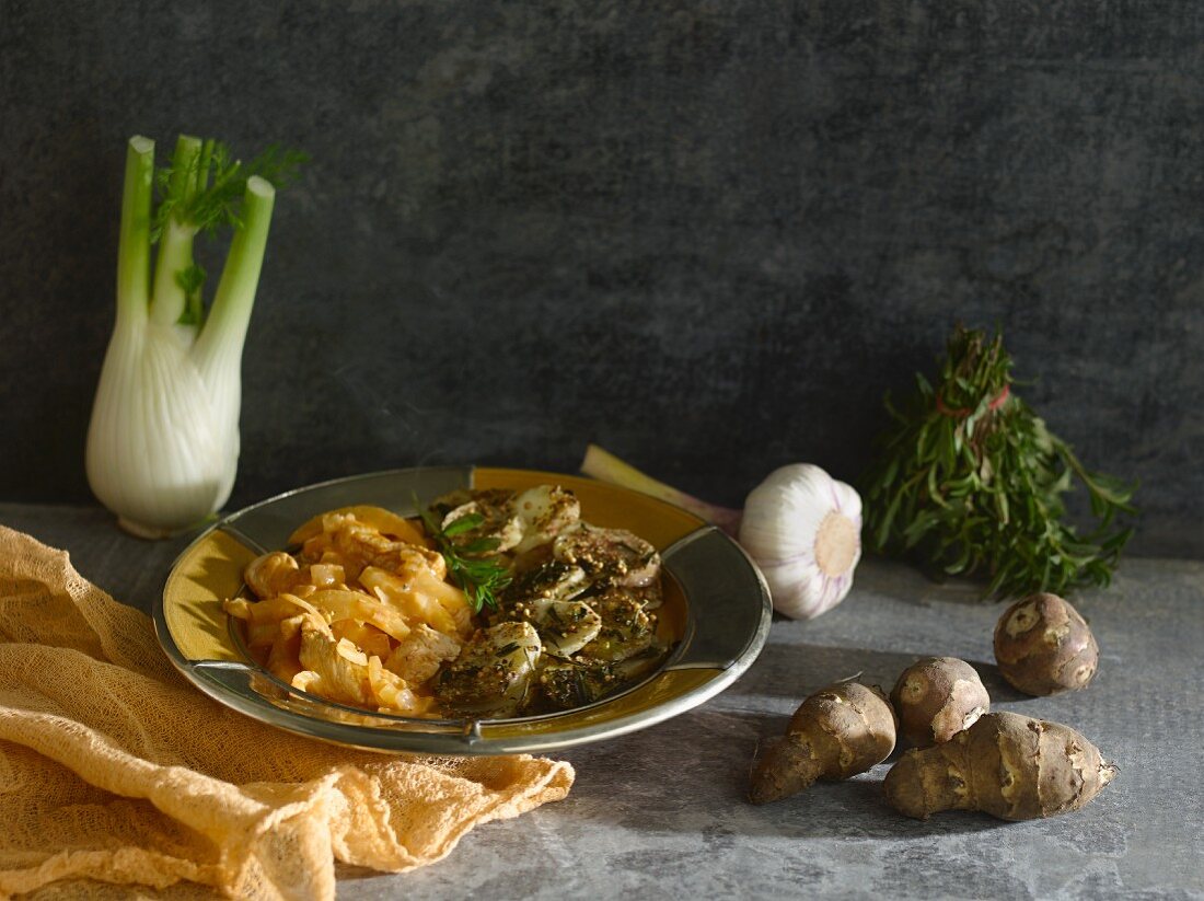 Hähnchen-Fenchel-Pfanne mit Topinambur