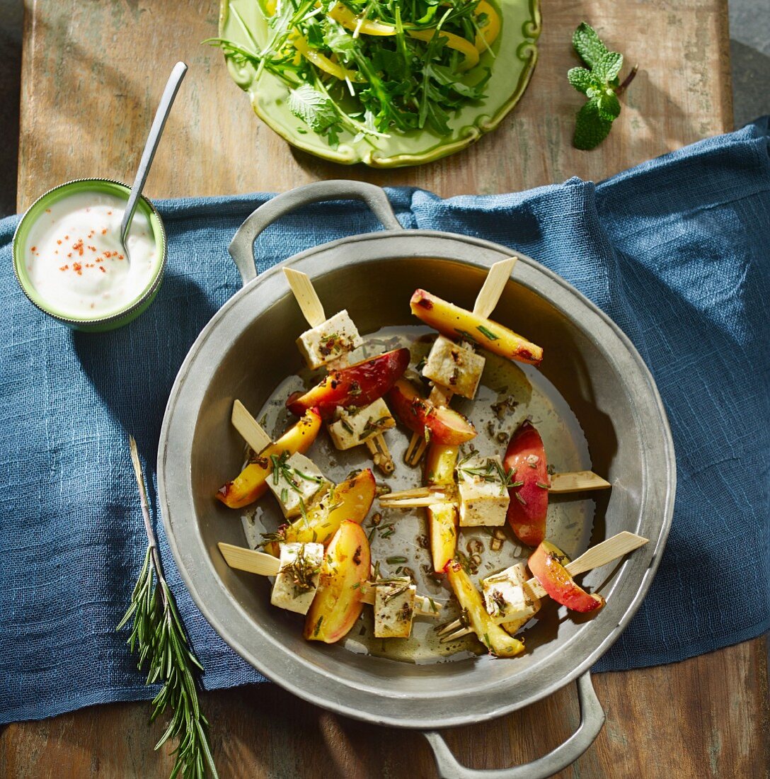 Tofu and nectarine skewers with a pepper salad