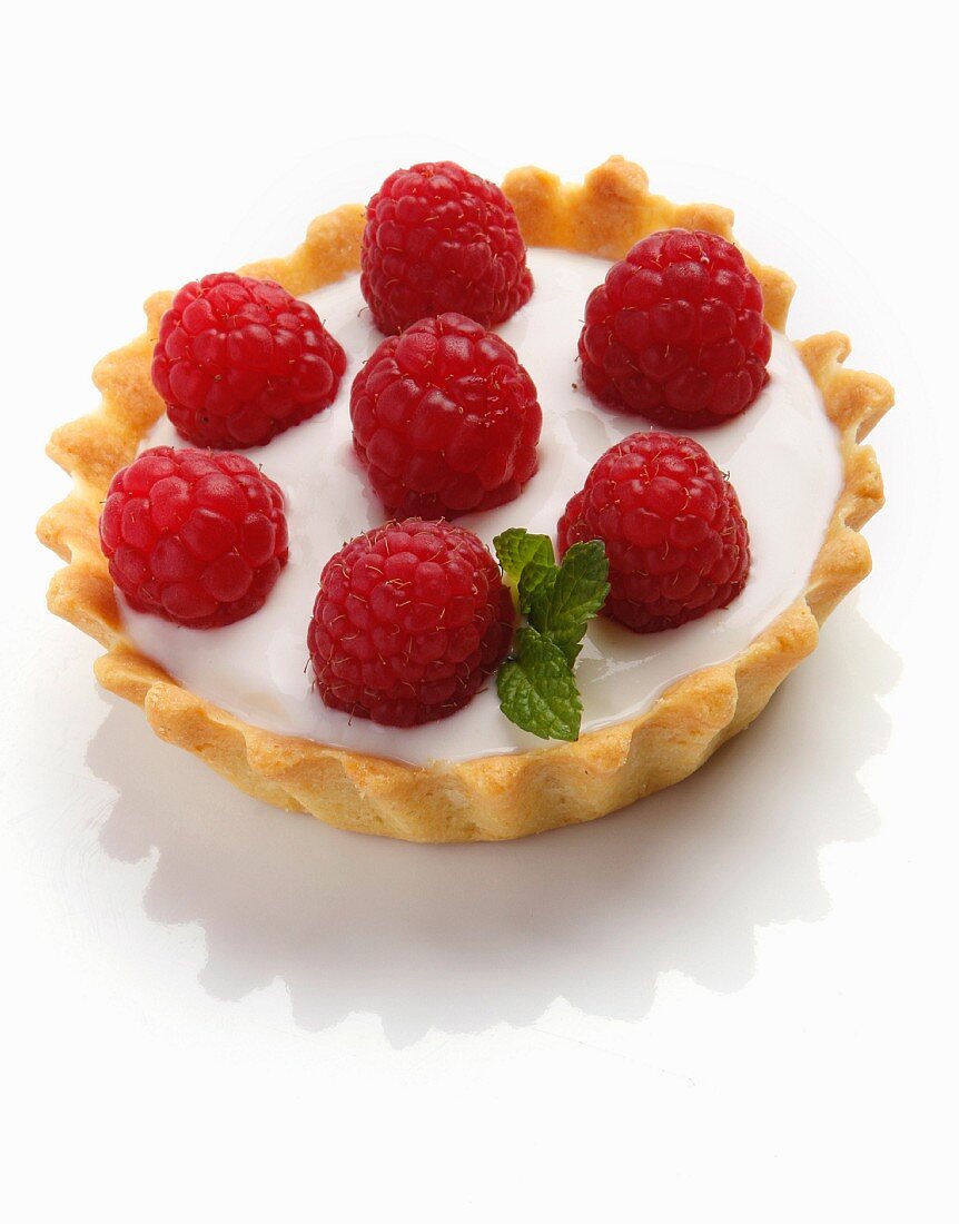 A target with yoghurt cream and fresh raspberries (close-up)