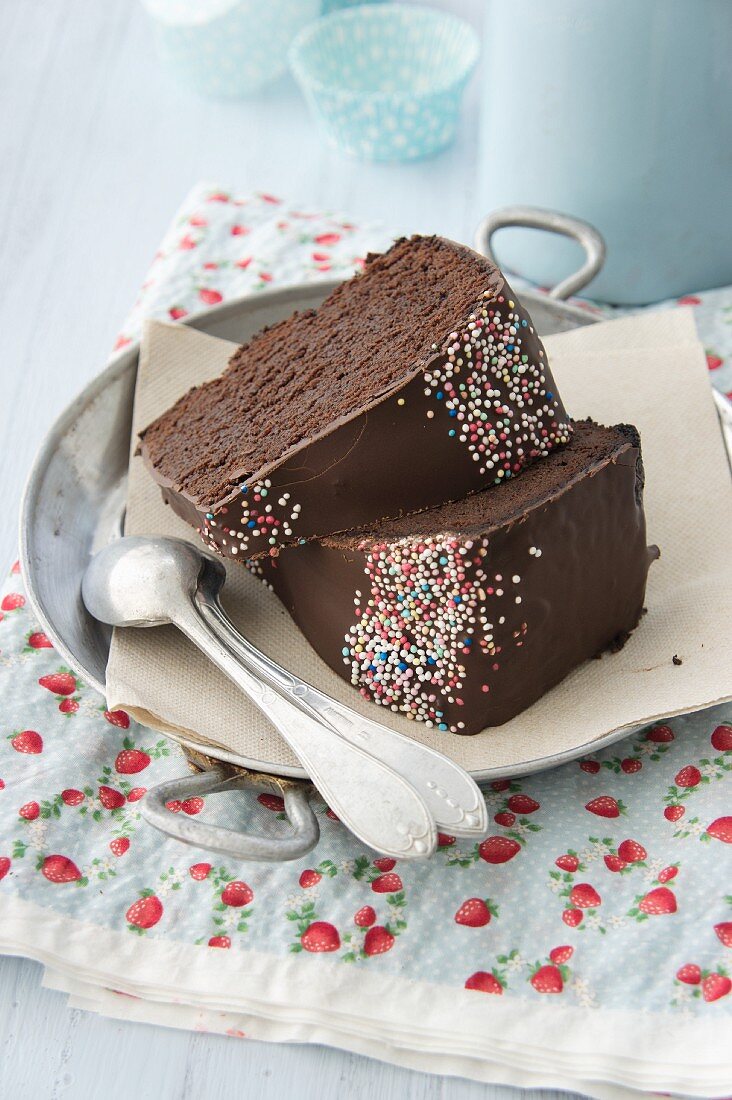 Chocolate cake with colourful sugar sprinkles