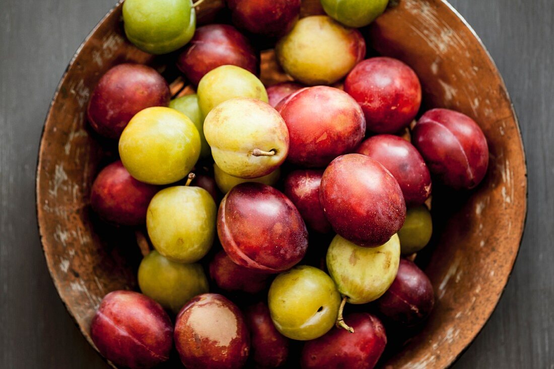 Red and yellow plums in a ceramic bowl