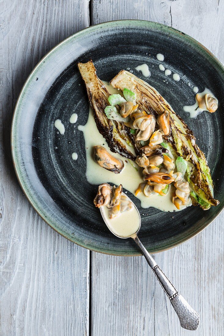 Fried lettuce with a creamy mussel sauce