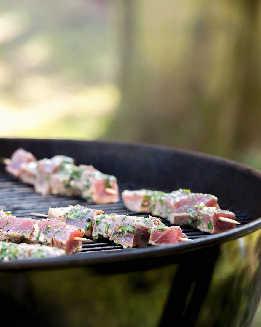 Tuna fish skewers on a barbecue