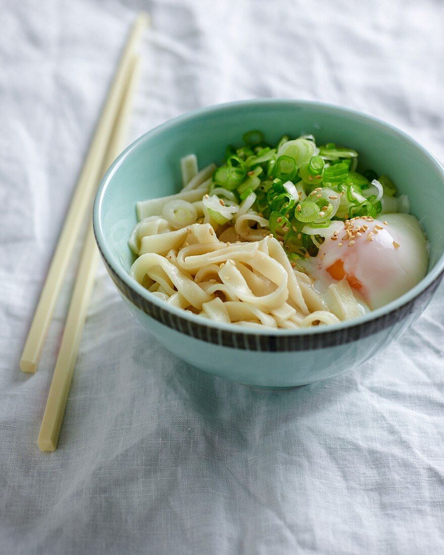 Udon noodles with an onsen egg and spring onions