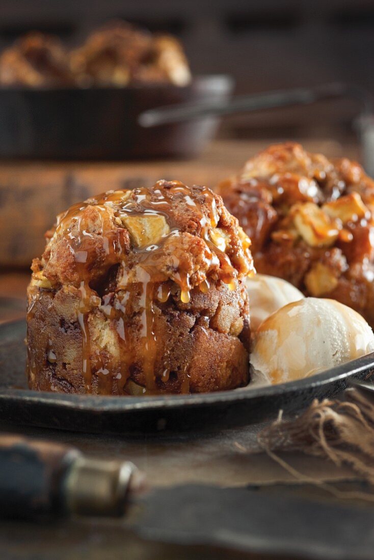 Apple and toffee bread pudding with vanilla ice cream