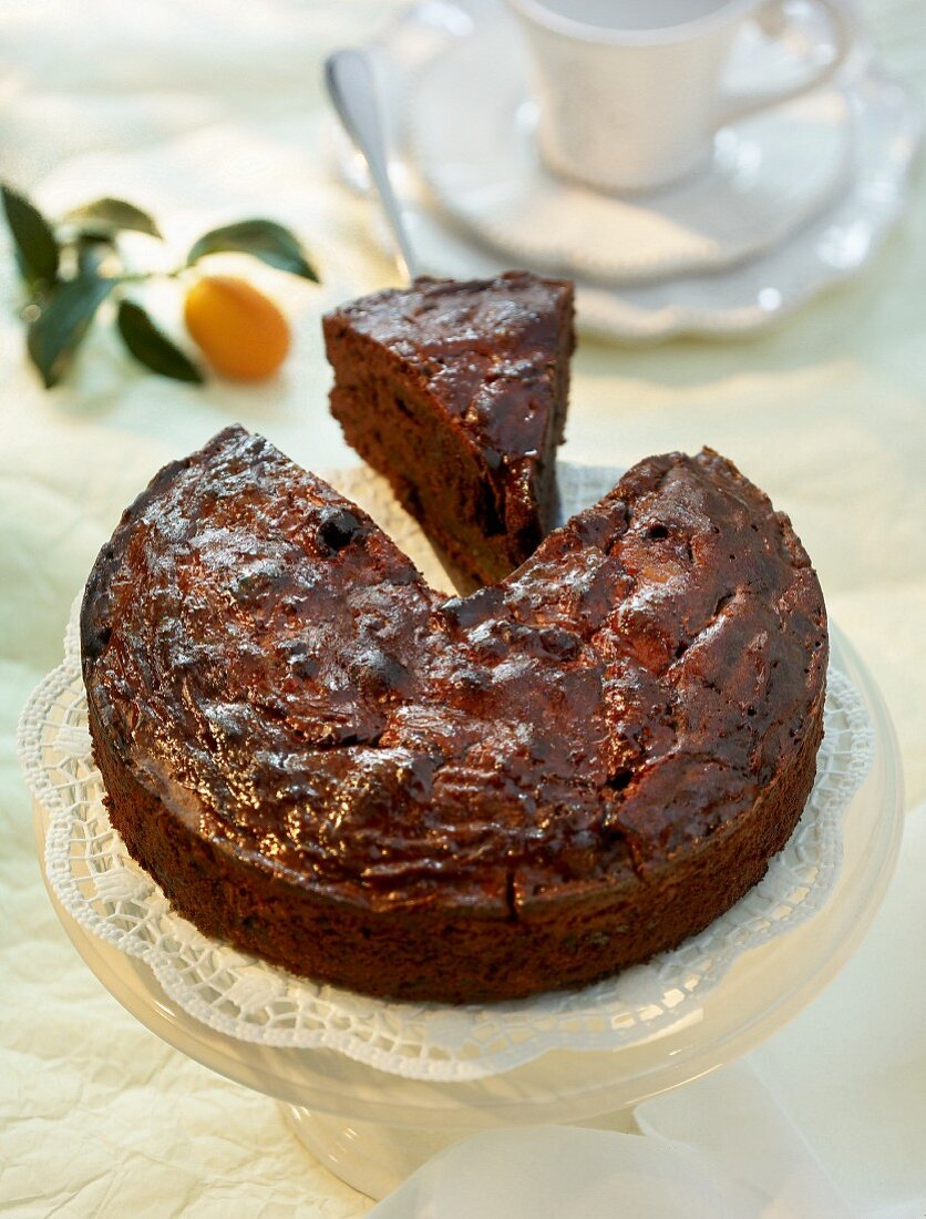 A chocolate lava cake, sliced