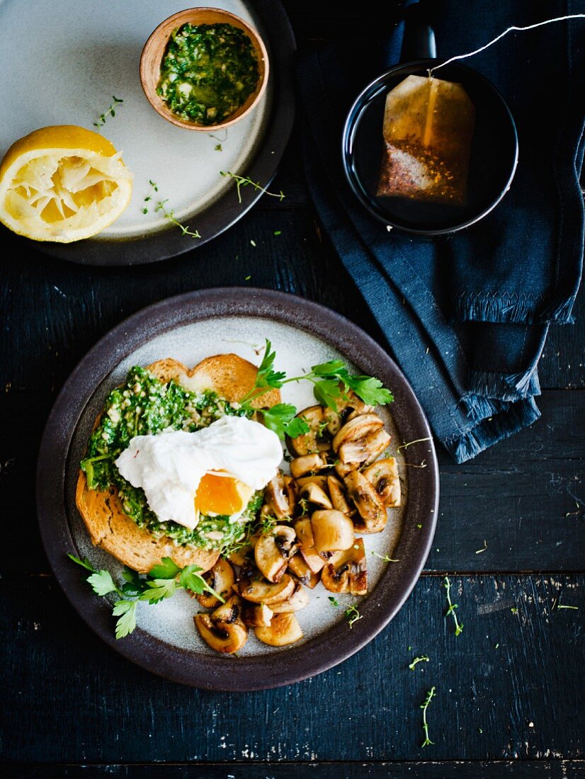 Toast with fried egg, gremolata and mushrooms