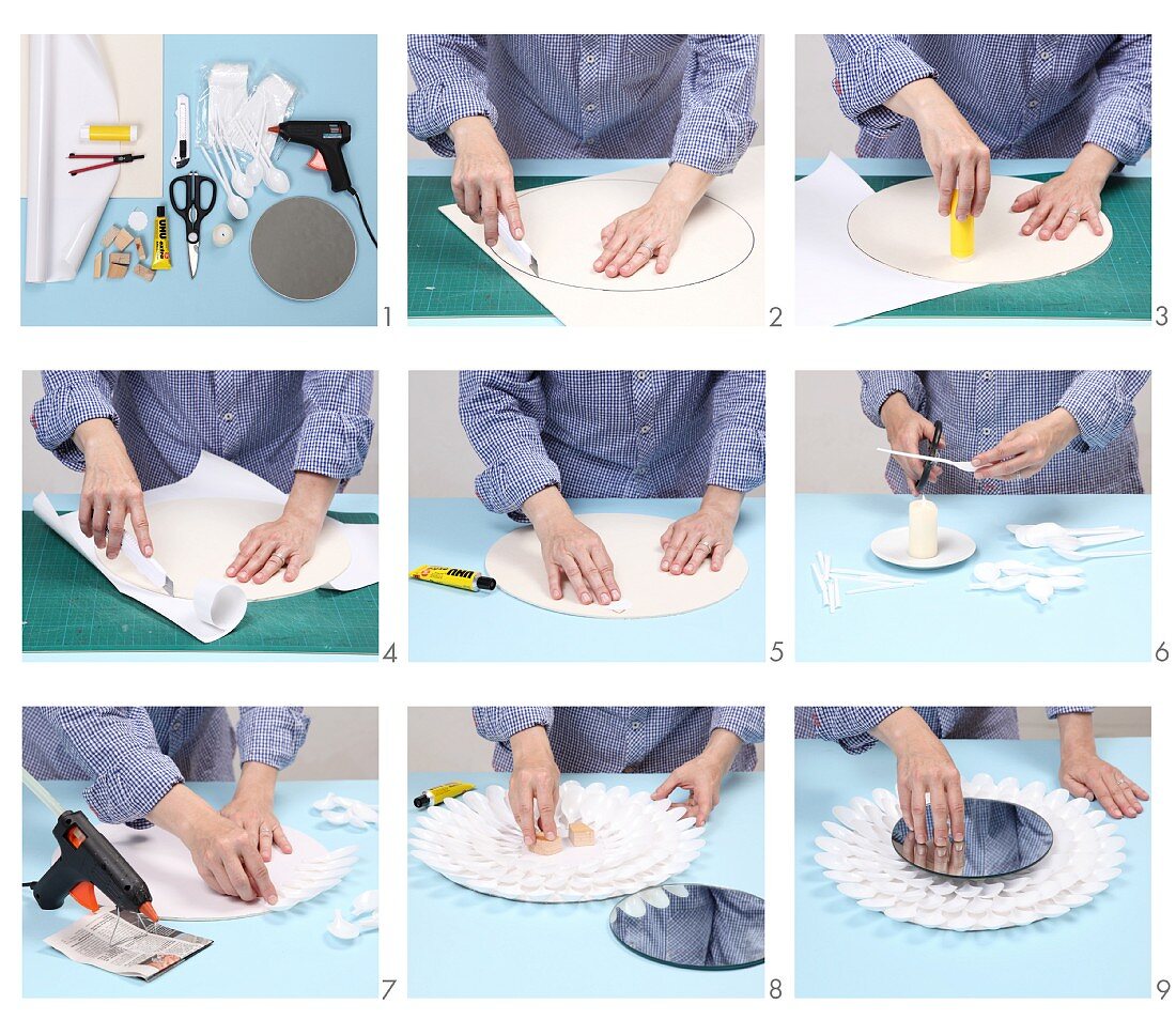 Instructions for making a mirror frame from plastic spoons