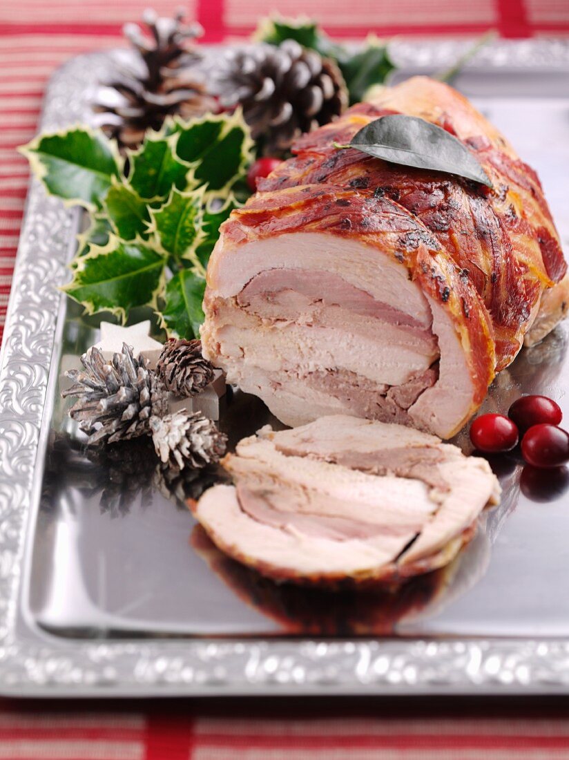 A festive Christmas roast made from six different types of poultry