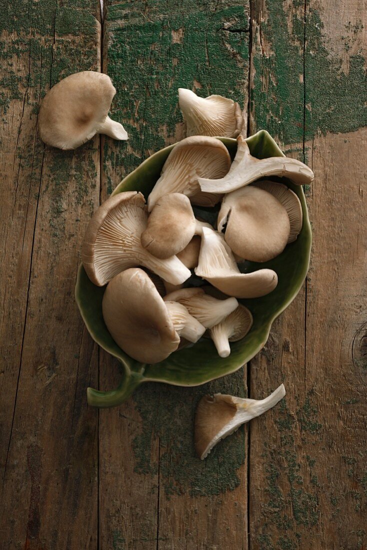 A bowl of oyster mushrooms on a wooden surface