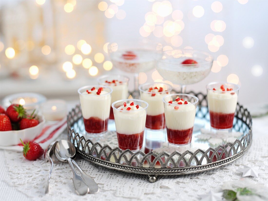 Glasses of strawberry champagne mousse for Christmas