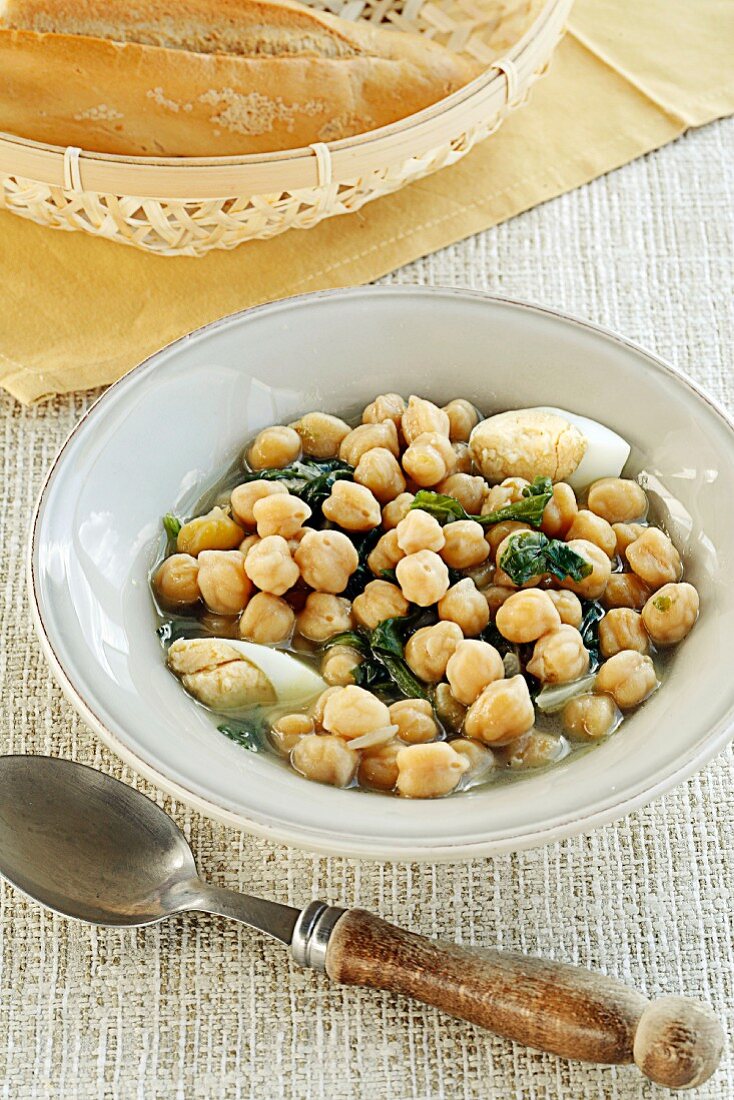Two Bowls of Chickpea and Spinach Soup; Pot of Soup