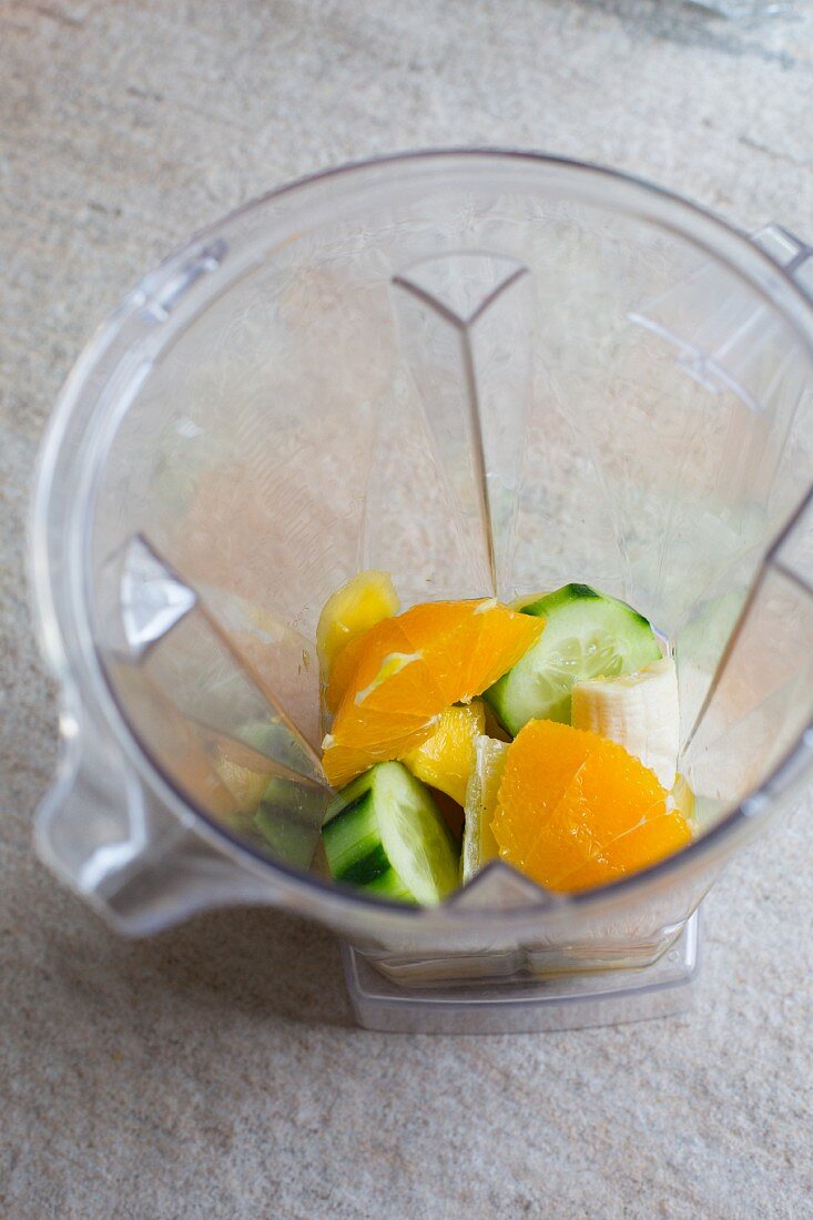 Smoothie ingredients in a blender