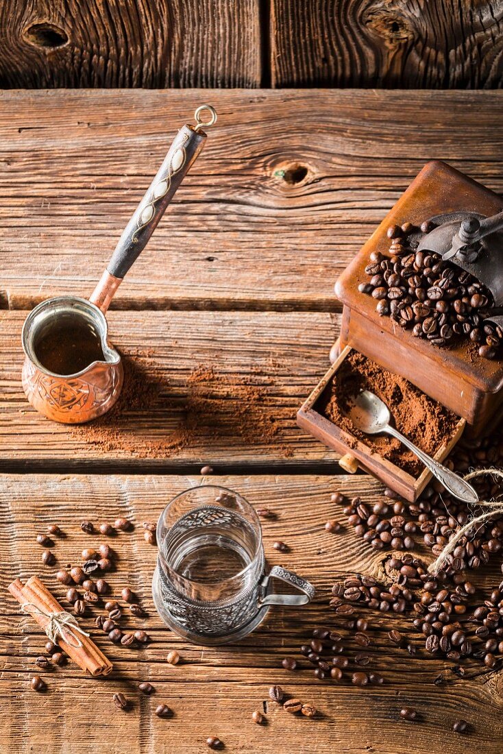 Aromatic coffee and an old coffee grinder