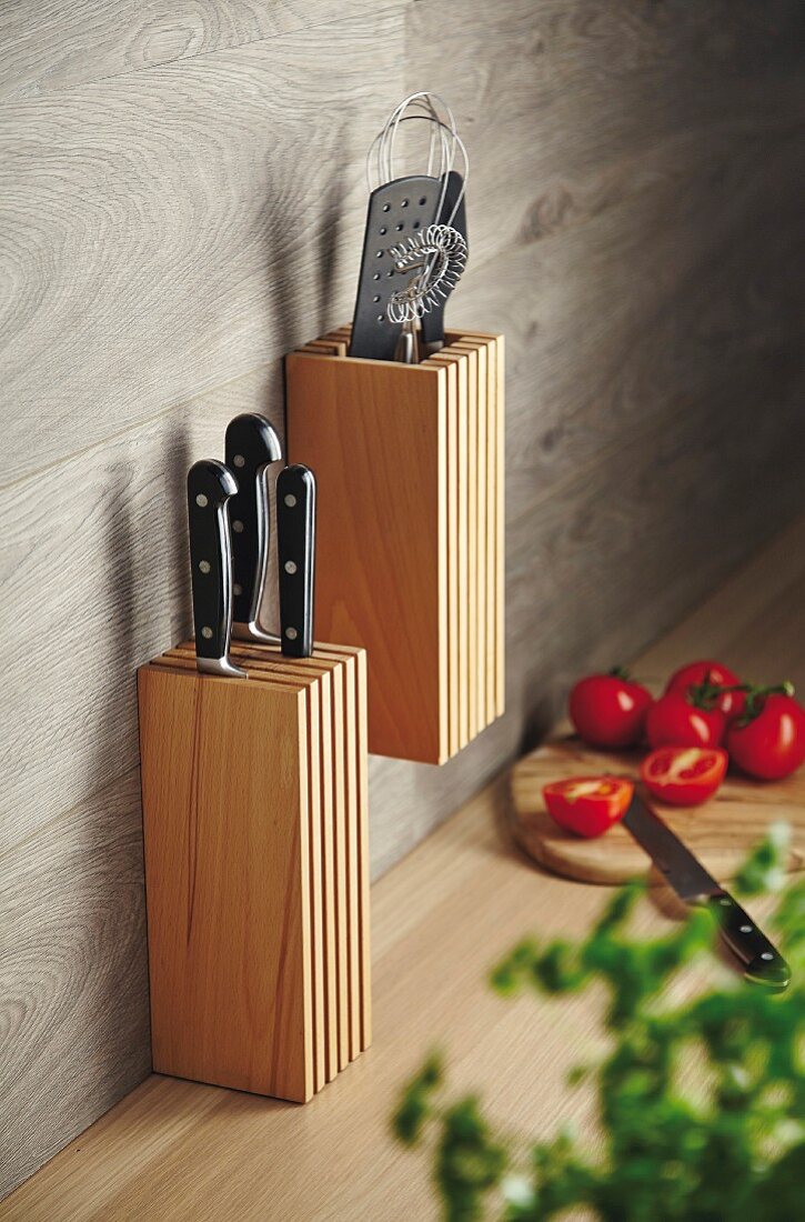 Hand-made knife block and kitchen utensil holder