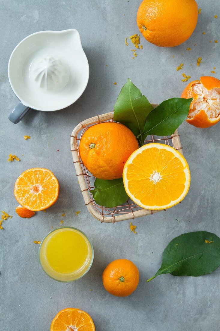 Stillleben mit Orangen, Mandarinen, Zitruspresse und Saftglas (Aufsicht)