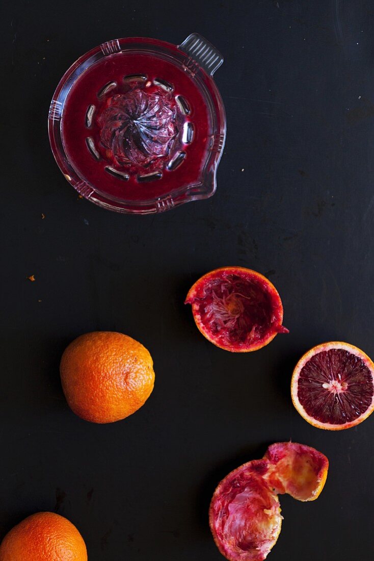Juiced blood oranges (seen from above)