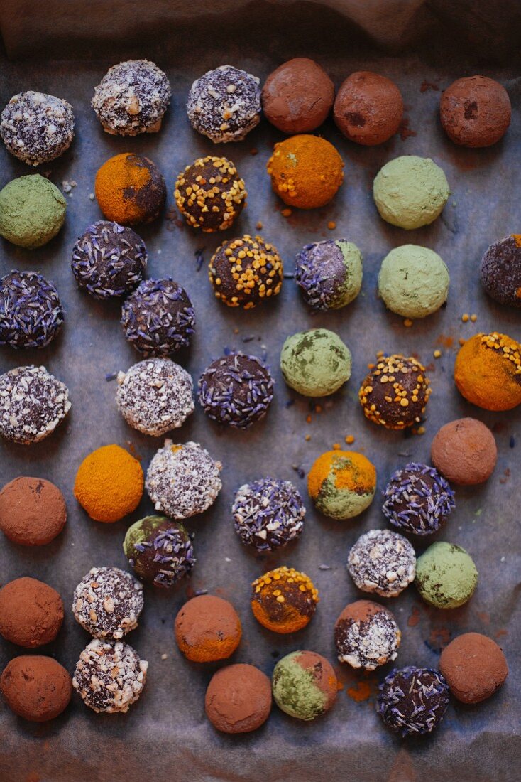 Various vegan chocolate truffles (seen from above)