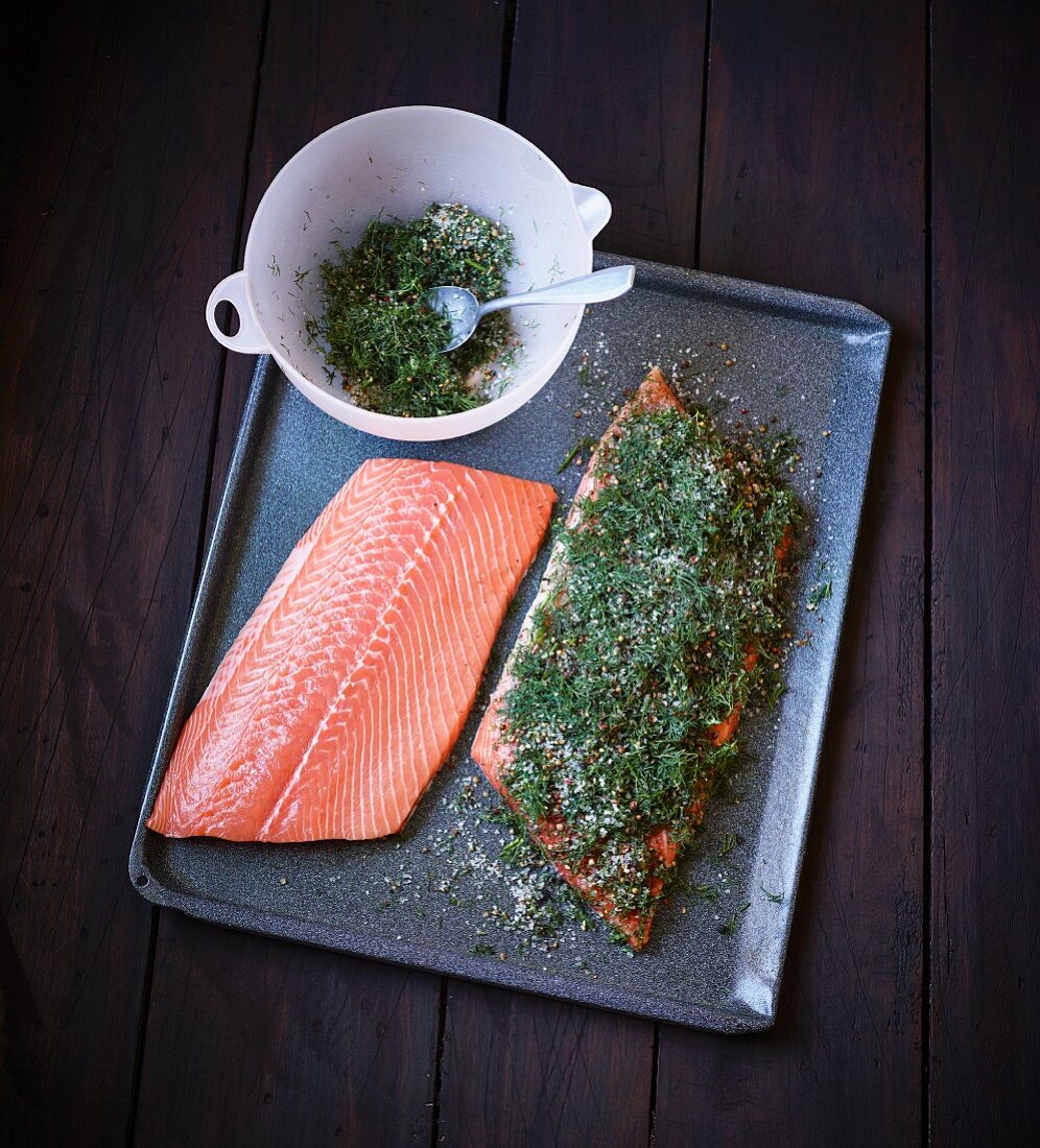 Gravad lax being prepared