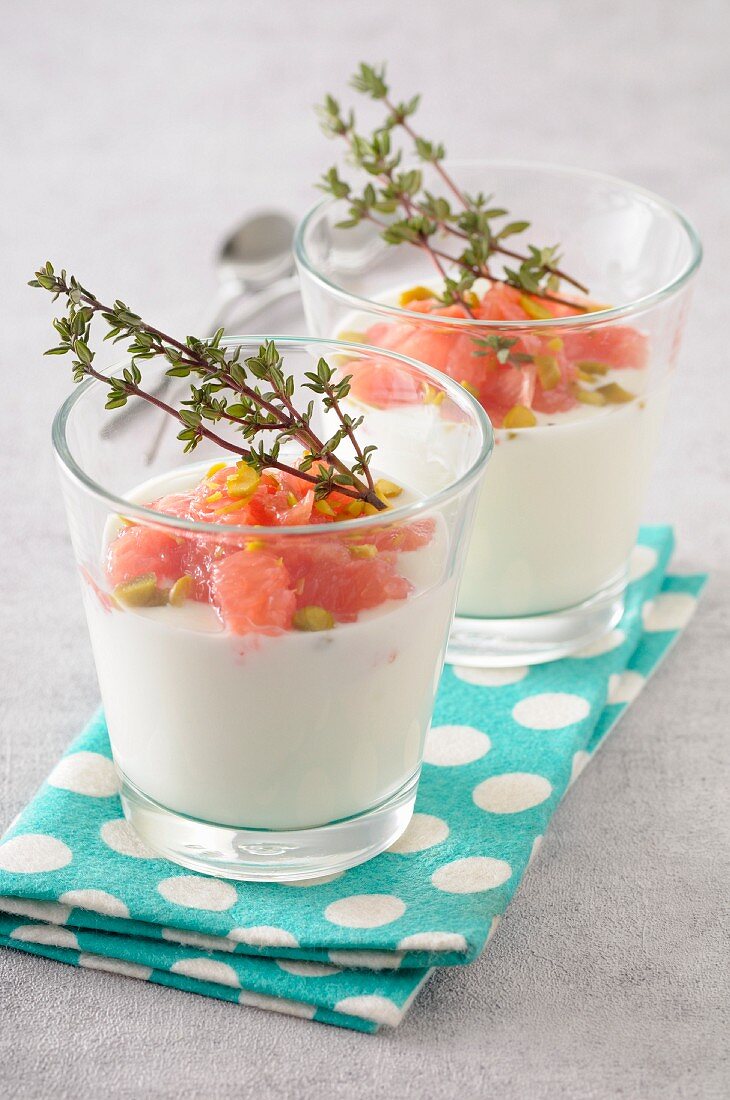 Orange blossom panna cotta with grapefruit and lemon thyme