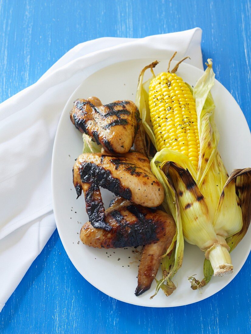 Barbecue Special - Sticky Chicken Wings With Barbecued Corn Cobs
