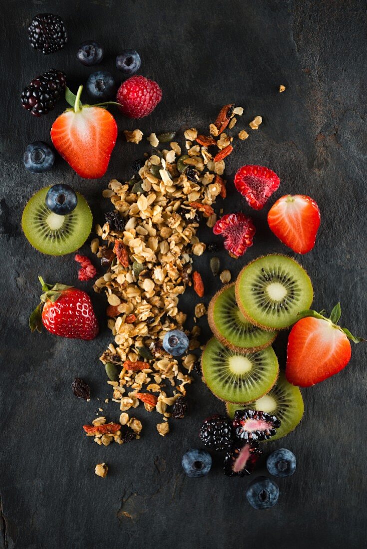 Cereals and various fruits of dark surface