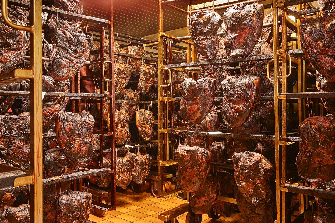 Ham in a smoking chamber