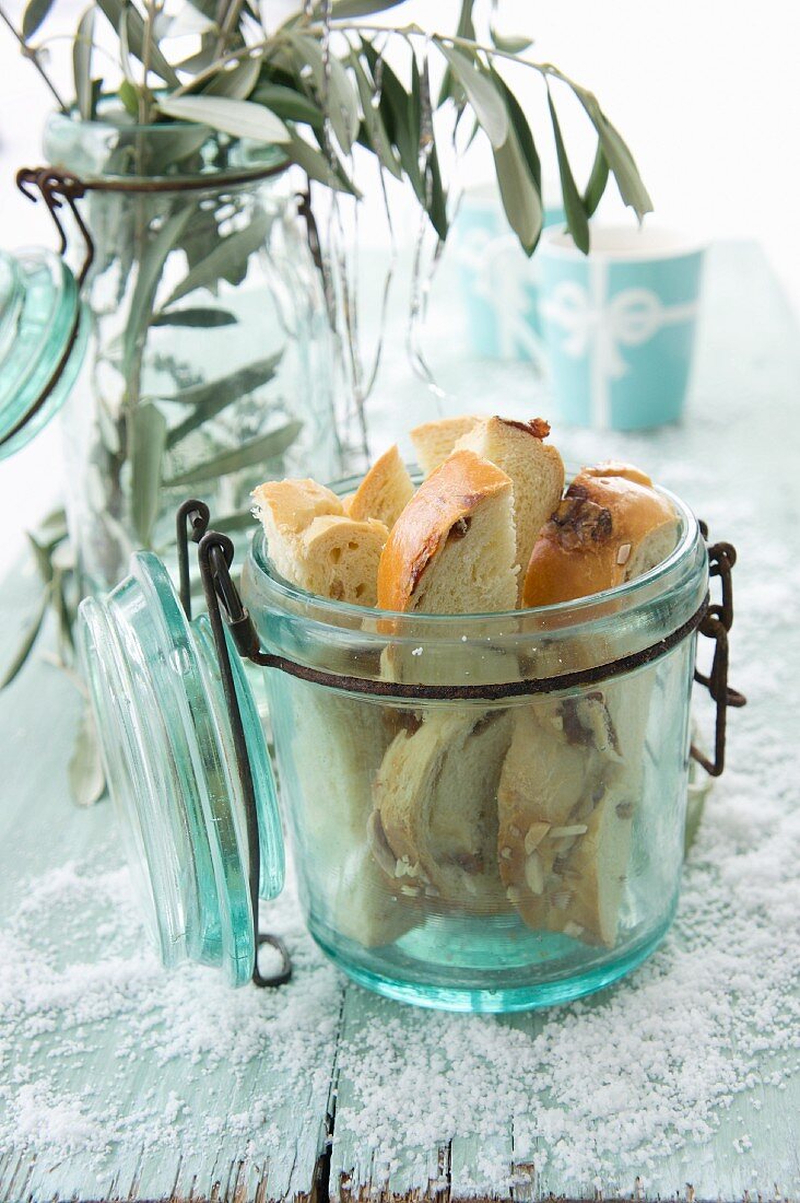 Slices of sweet bread in an old flip-top jar