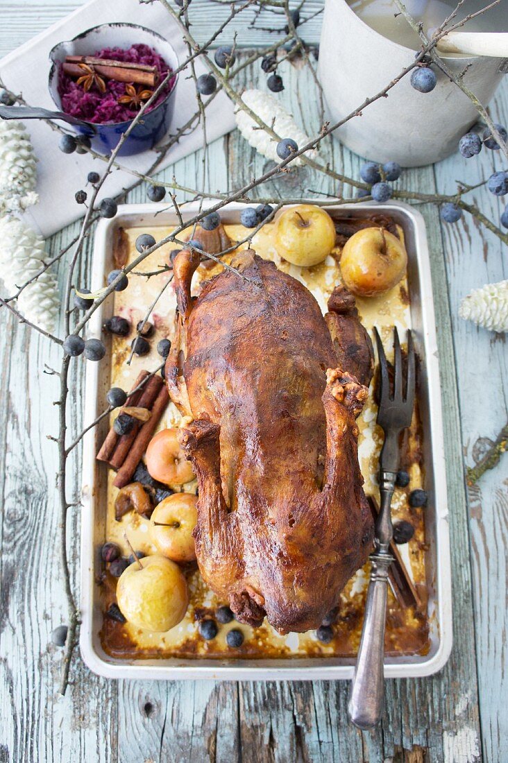 Roast duck with apples and sloes