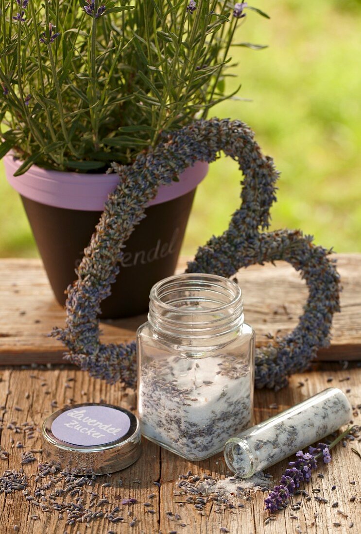 Heart-shaped wreath of lavender flowers and jar of lavender sugar