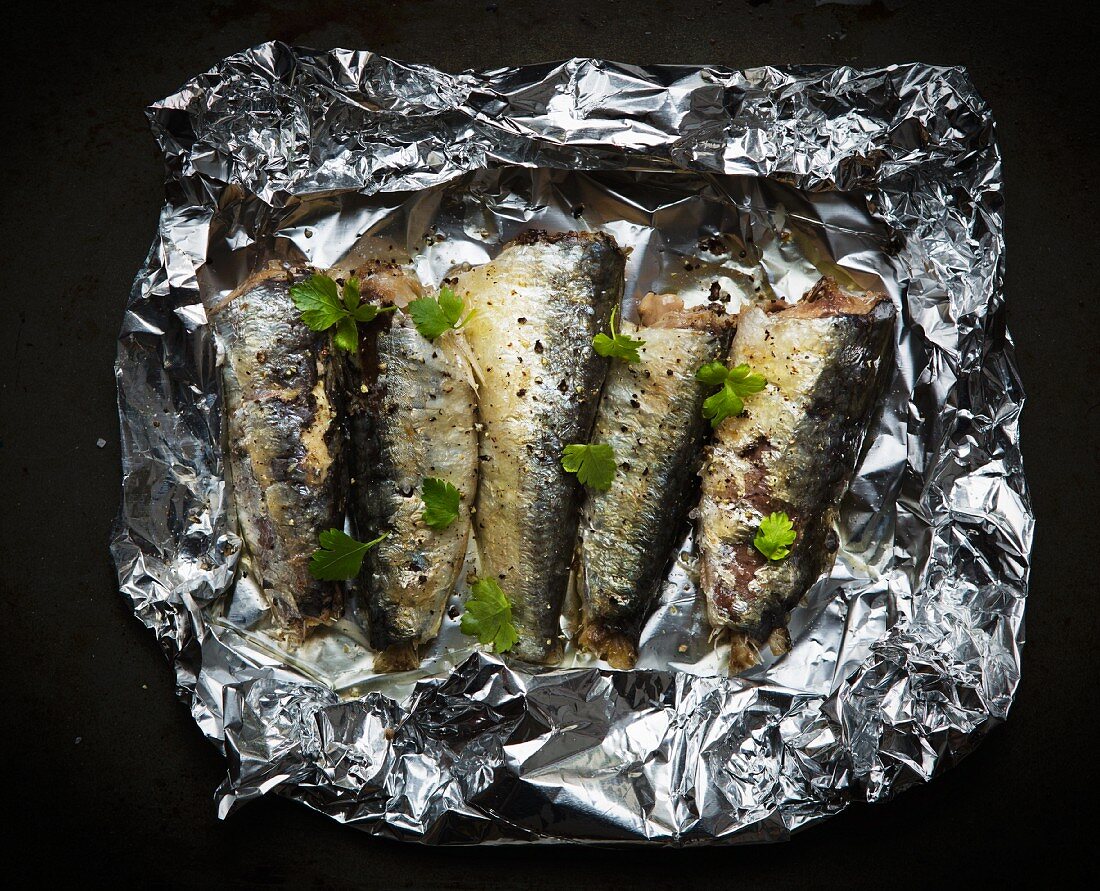 Sardines with coriander in aluminium foil for grilling (seen from above)