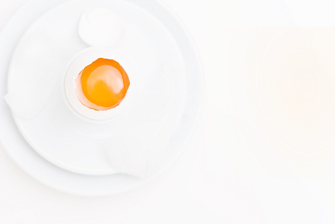 A raw egg on a white plate on a white surface