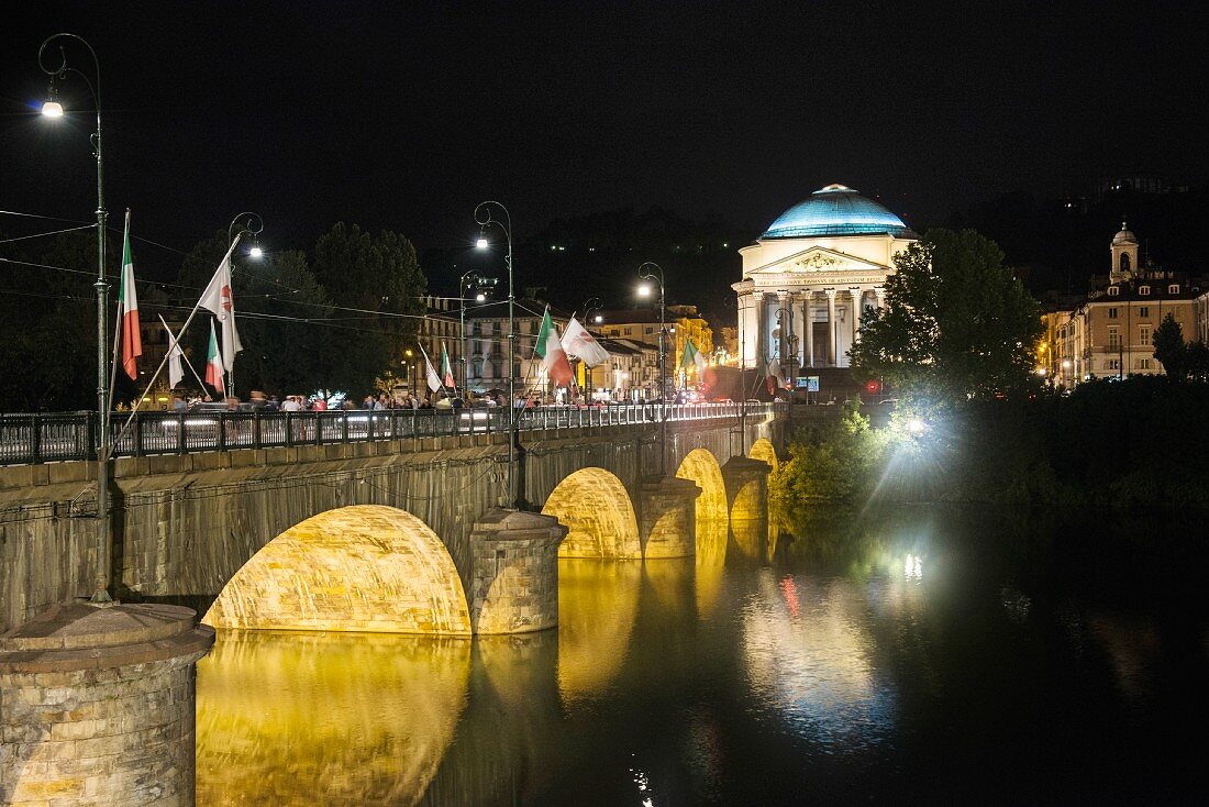 La Gran Madre and Vittorio Emanuele bridge by night, Turin, Italy