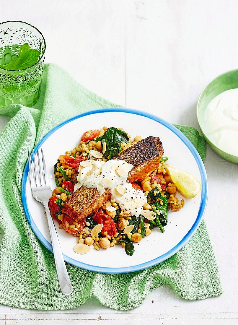 Warm salmon, spinach and chickpea salad