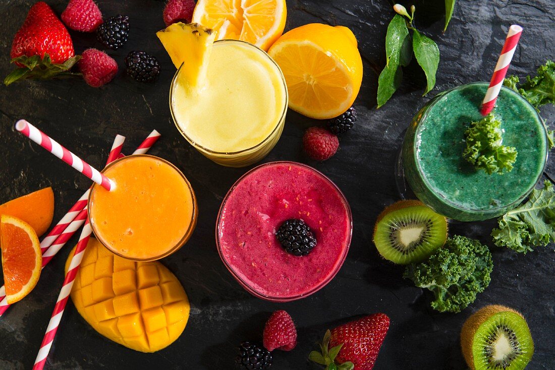 A colourful arrangement of smoothies
