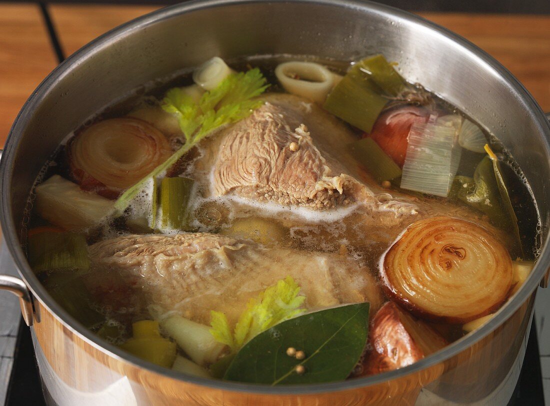 Boiled beef simmering in a pot