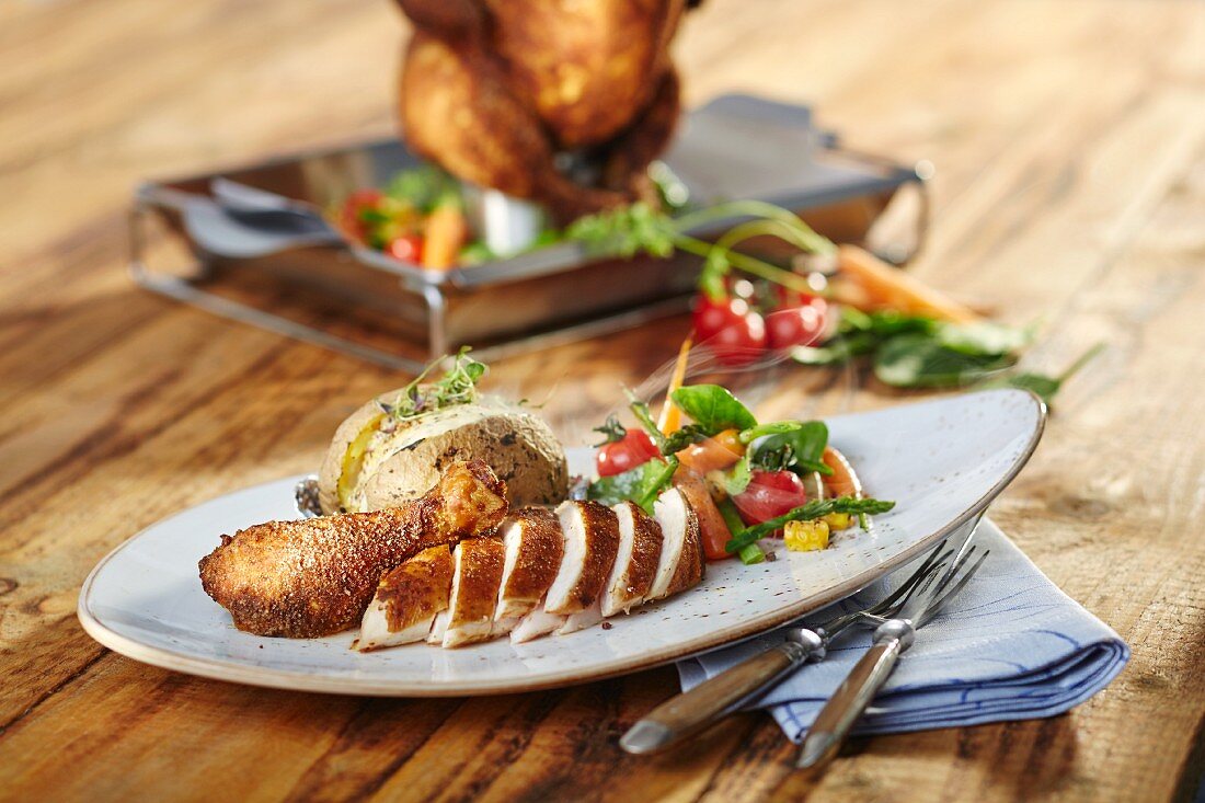 Malt beer chicken with grilled vegetables and oven-roasted potatoes with mustard and sweetcorn cream