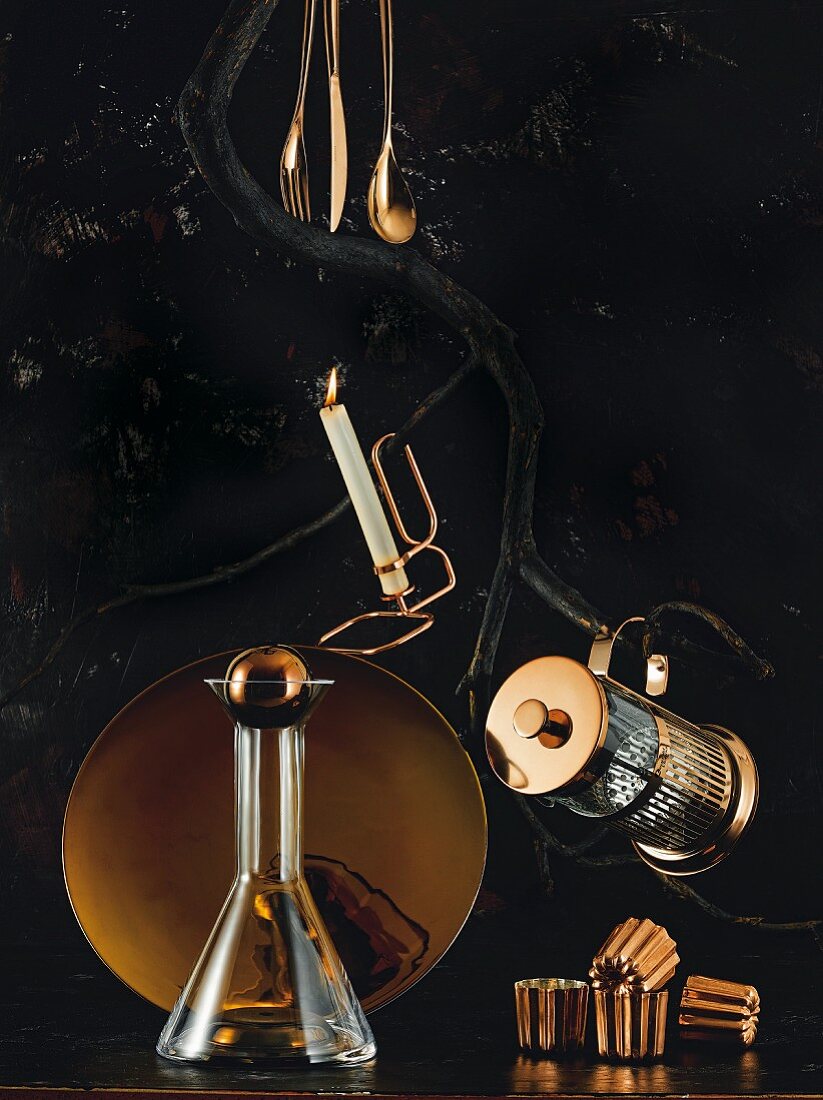 Various copper kitchen utensils